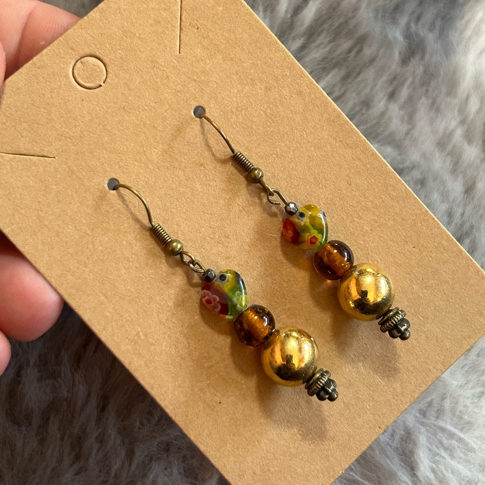 Handcrafted art glass vintage bead faceted hematite dangle earrings